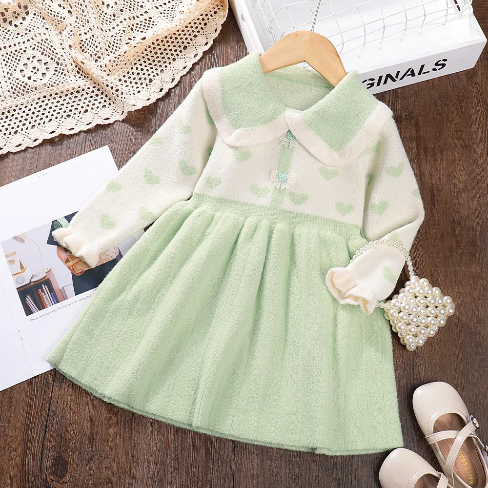 Laura Kors 2023 Winter New Girls Dress Long Sleeve Turn-down Collar Print Heart Green Girls Dress Vestido 3-7T