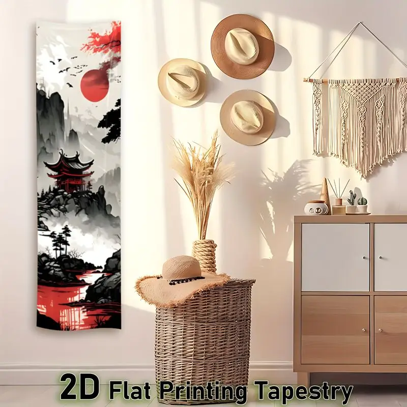 VIKAMA Chinese Ink Pagoda Wall Runner Long Tapestry Mountain Red Sun Landscape Vertical Banner for Bedroom Living Room Decor