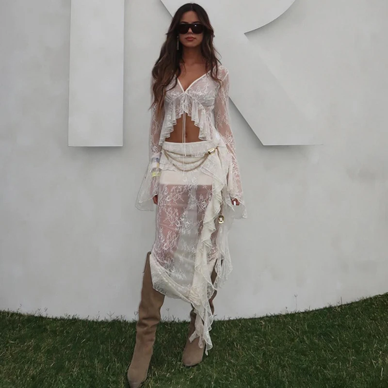 Tornova Lace Splice Ruffled T เสื้อผู้หญิงเซ็กซี่ดูผ่าน Lace Up แขนยาวสั้นลึก V คอหญิงเสื้อสเวตเตอร์ถัก Outwear