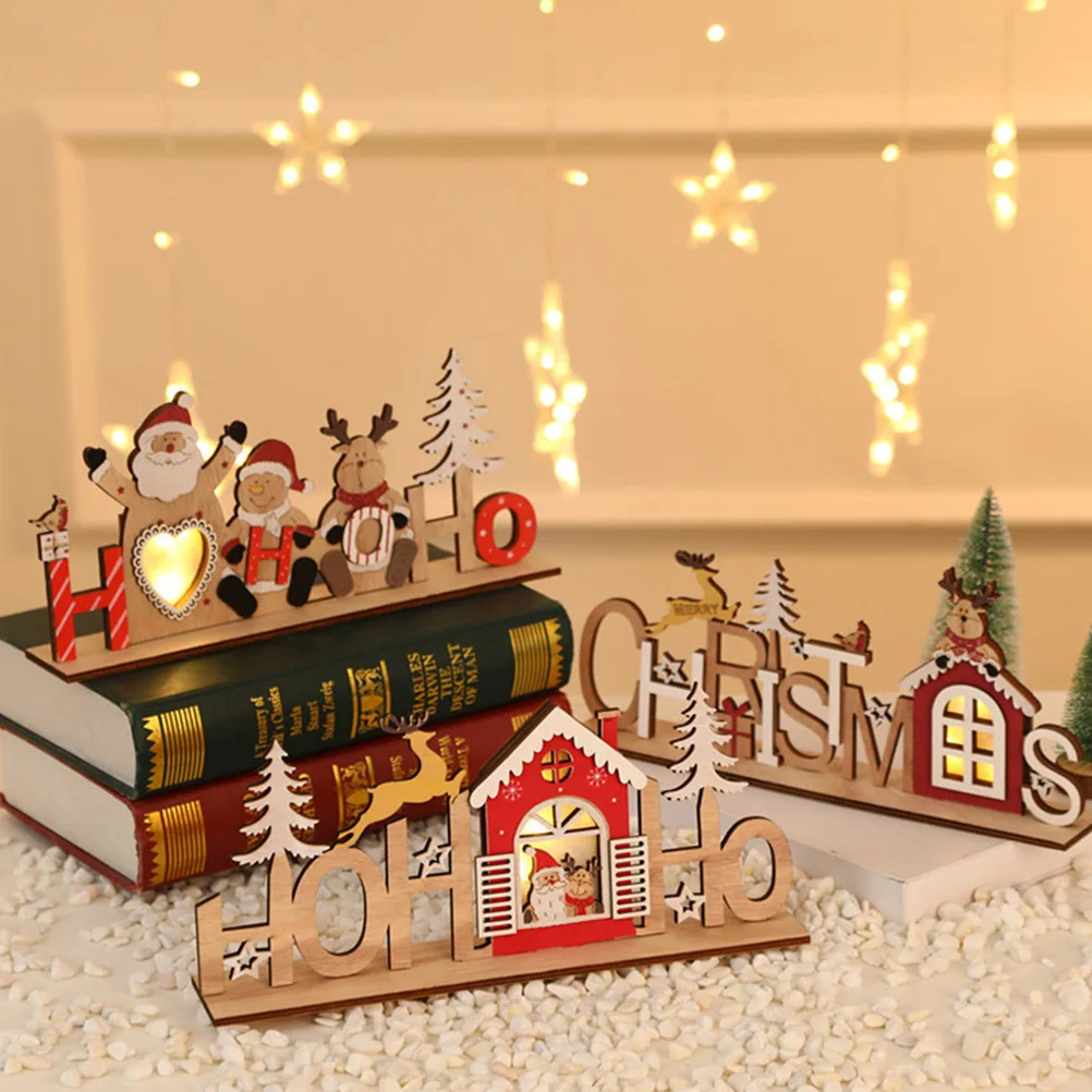 

2 pcs Wooden Desktop Adornments Luminescent Christmas Decor Holiday Party Home Decoration Festive Ornament Wooden Luminous