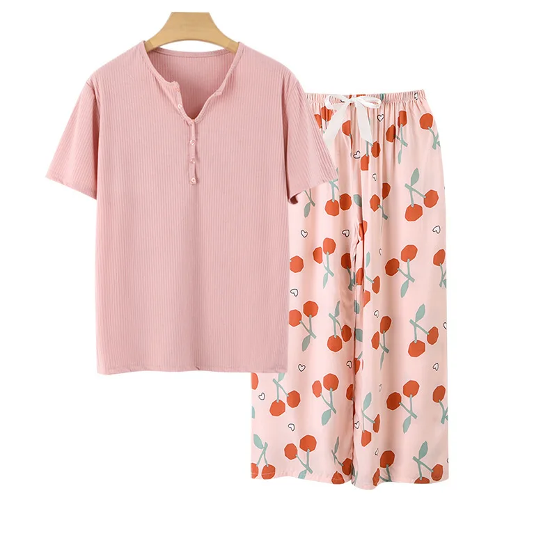 Loose V-Ne ort Sve Knitted Cotton Silk Home Spwear Set Comfortable Breathable Summer Base irt Wide Leg Pants