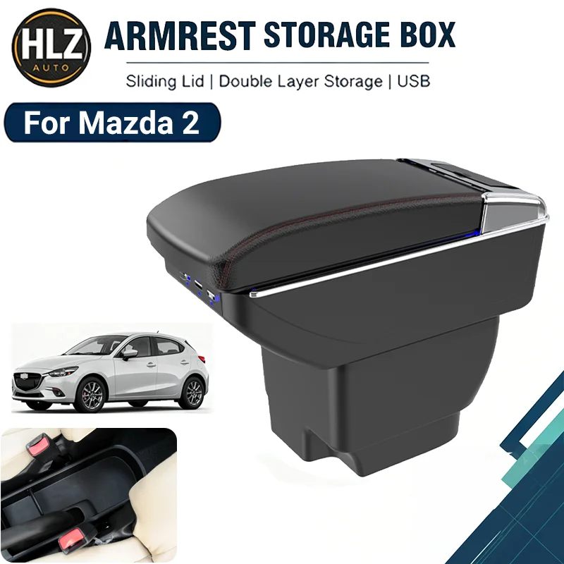 For Mazda 2 Car Armrest Box Center Console Storage with Cup Holder No Drilling Car Retrofit Part