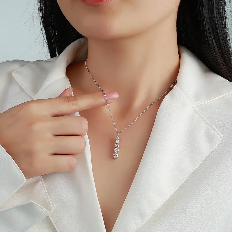Graduated Moissanite Drop Pendant Necklace Journey Design O Chain S925 Sterling Silver D Color VVS1 GRA Certified Gift for Women