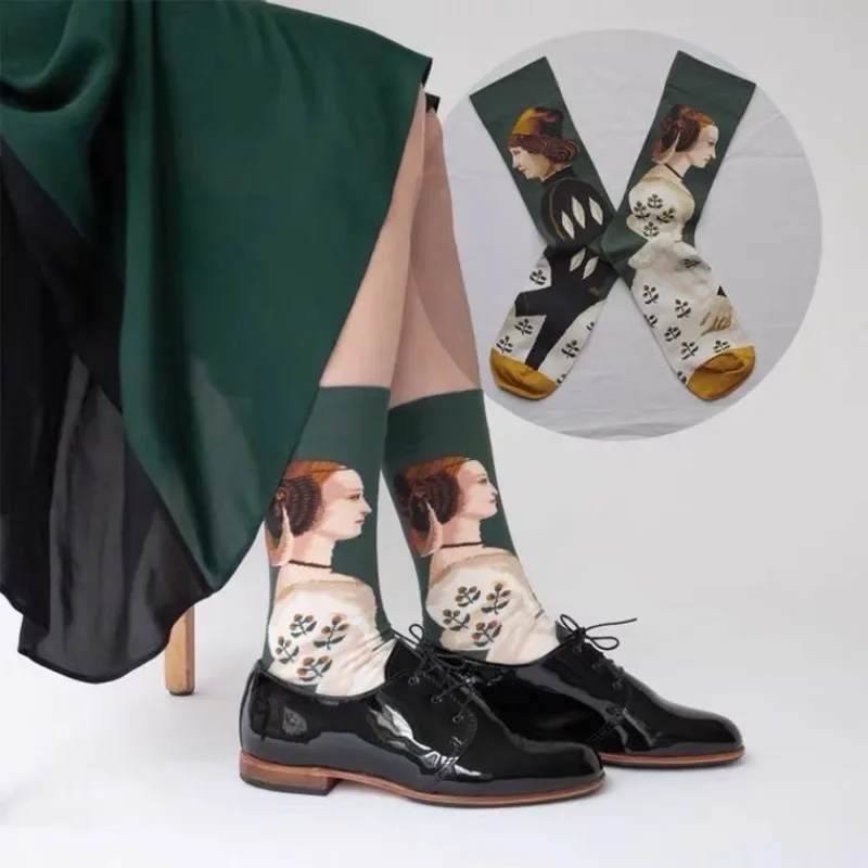 Retro Oil Painting Pile Up Socks Women Spring and Autumn Style Couple Middle Tube Socks Korean Version Cotton Socks calcetines