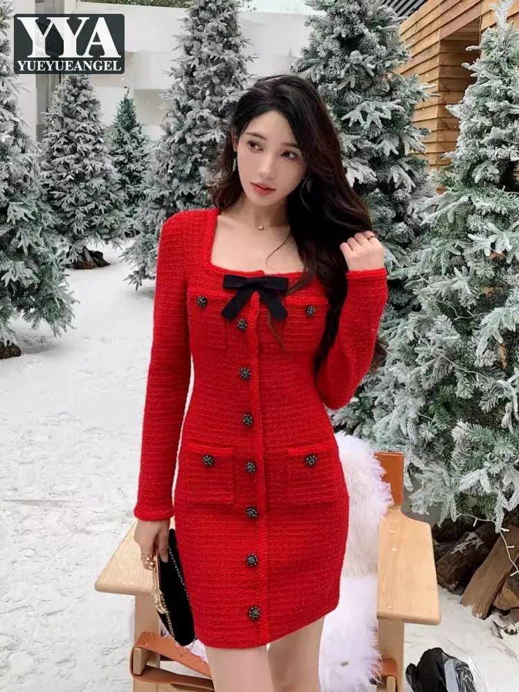 

Spring Sexy Women Slim Fit Bowknot Square Collar Knitted Mini Dress Long Sleeve Single Breasted Birthday Party Red Wrap Dress