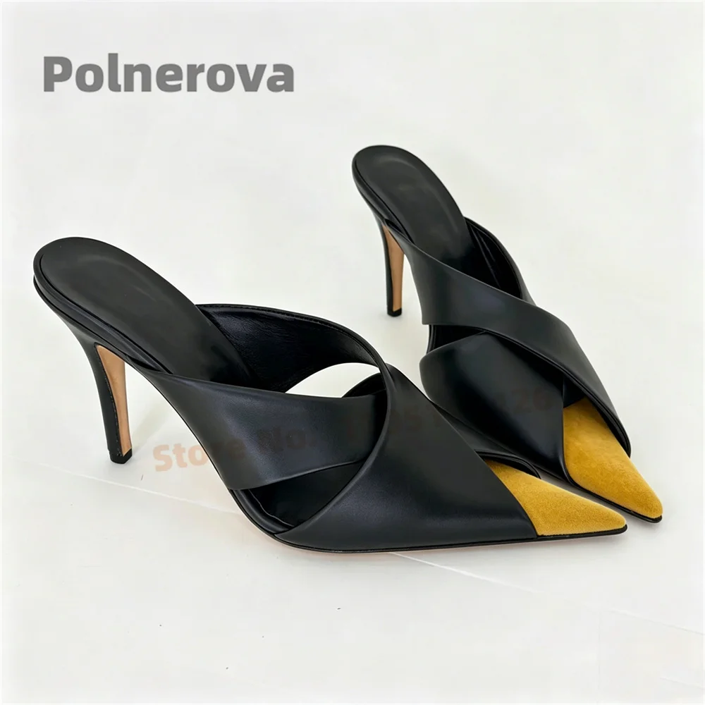 Cross Strap Pointed Toe Mules Women Black Leather High Heels Two Tone Color Stiletto Backless Slip On Shoes Summer Slippers