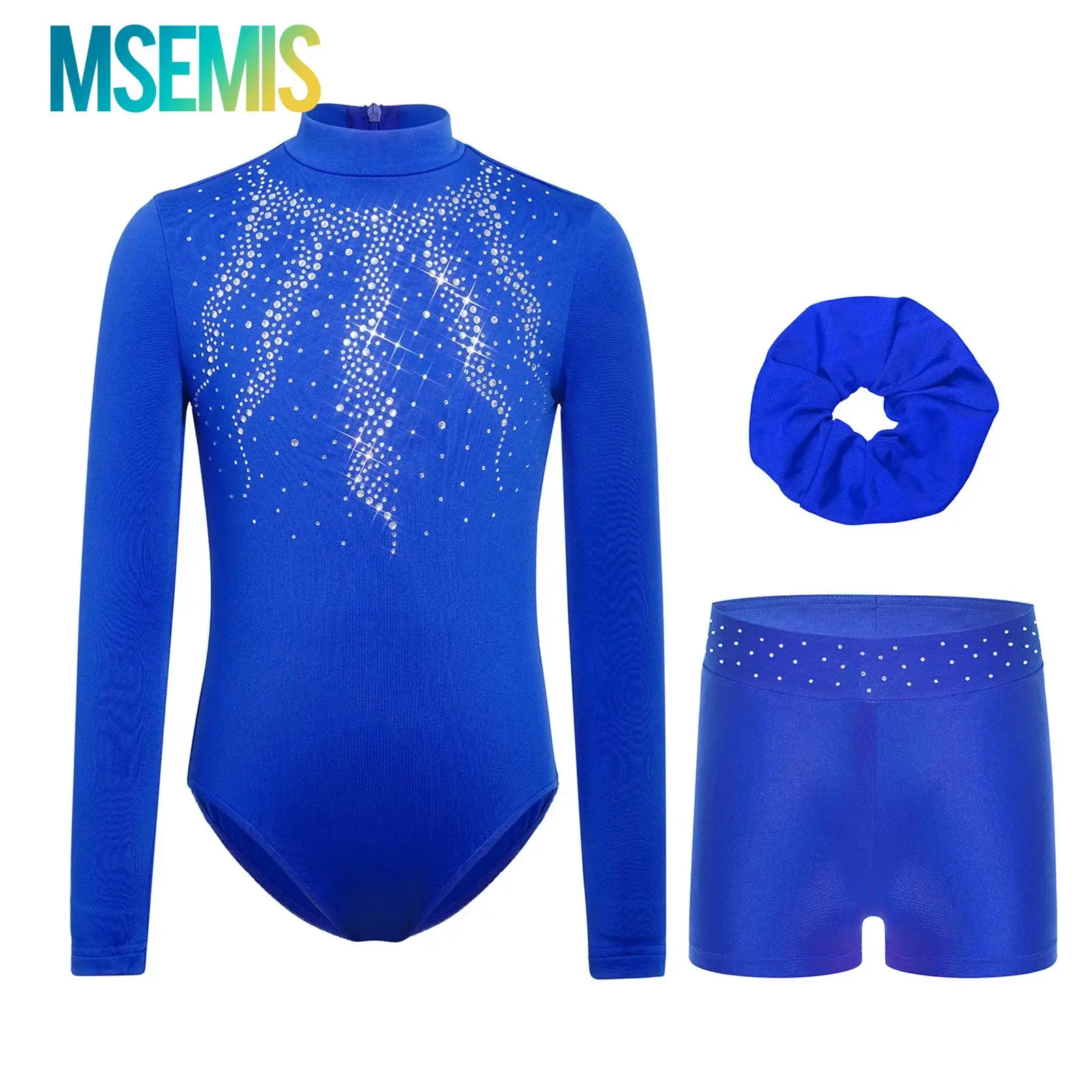 

Детский гимнастический комбинезон для девочек с блестящими стразами, шортами и повязкой на голову, костюм для фигурного катания, балета и танцев