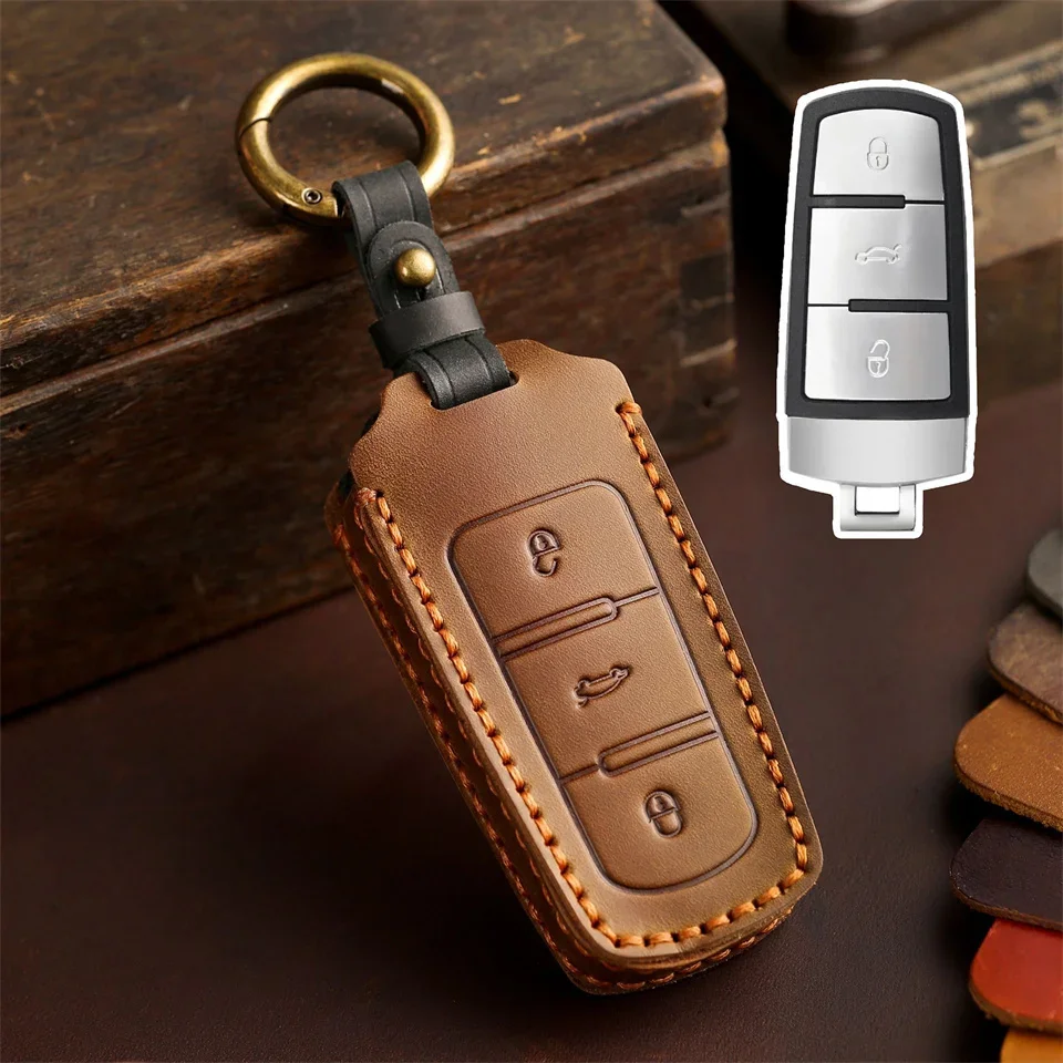 

1pc Handmade Leather Car Remote Key Case Cover For Volkswagen VW CC Passat B6 B7 Passat 3C CC Protector Keychain Accessories