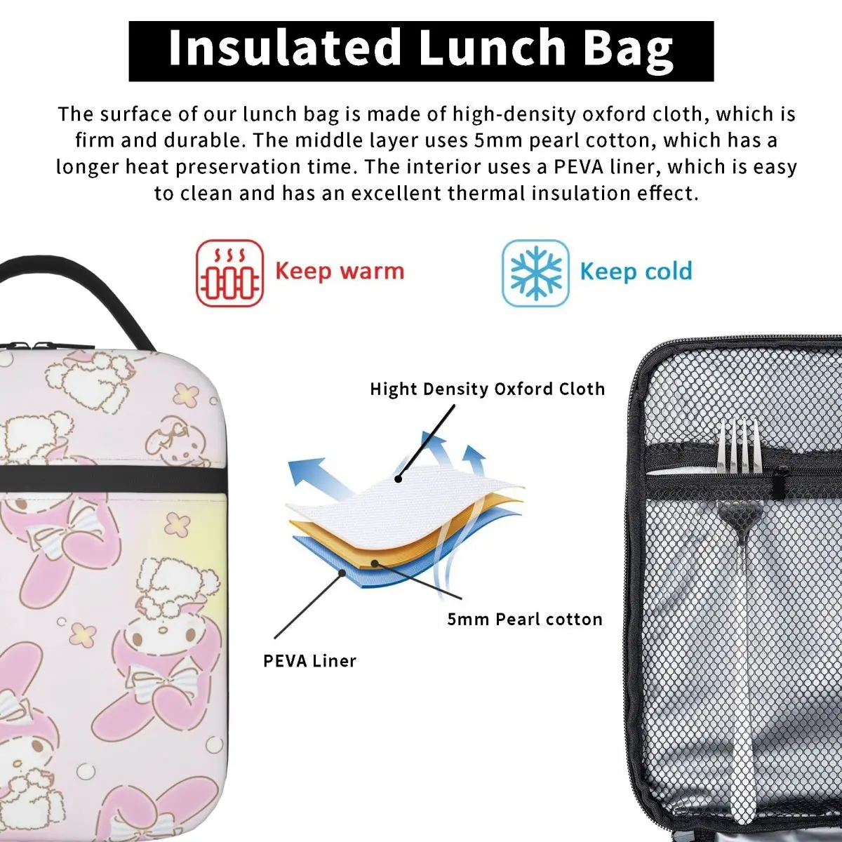 Sanrio Kawaii My Melody Insulated Lunch Bags borsa termica riutilizzabile Anime ad alta capacità Tote Lunch Box Food Bag Work Picnic