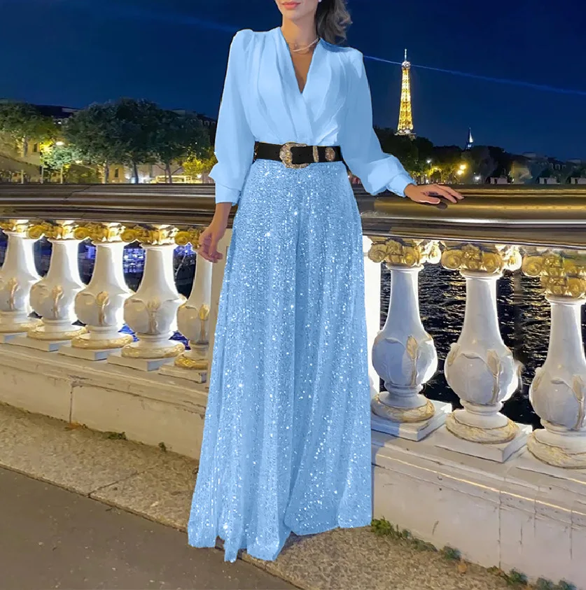 jumpsuit Women Spring Autumn, High-end V-neck Long Sleeved Shirt, Elegant Temperament, Cinched Waist, Sequins, French Wide Legs
