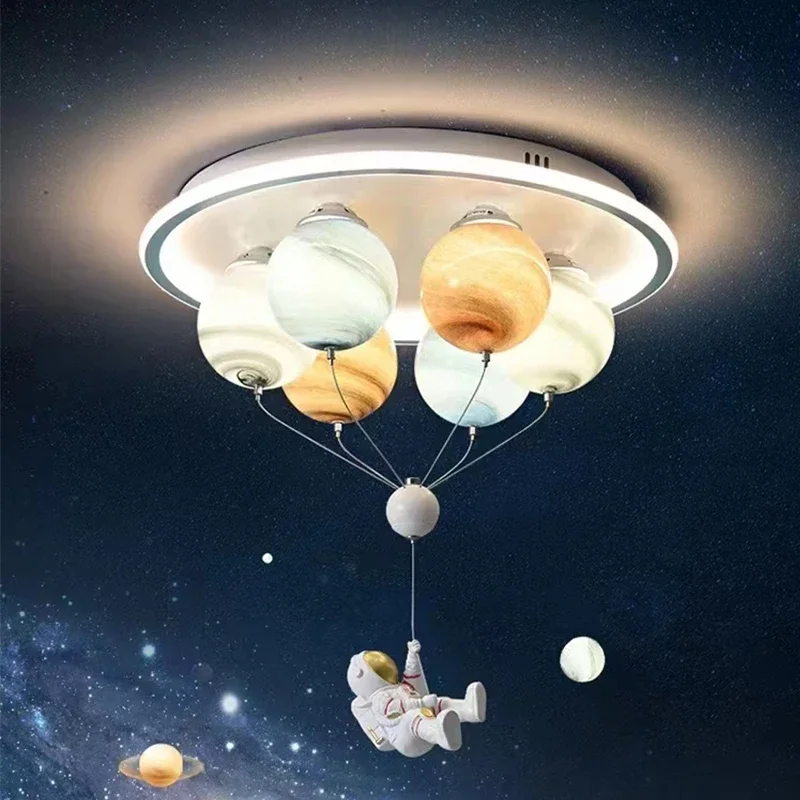 Modern Astronaut Led Ceiling Light with Creative Planet and Flying Spaceship Design for Kids\' Room Decor