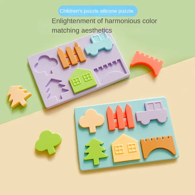 

1Set Montessori Baby Puzzles Silicone Teether Toys Cartoon Cute Jigsaw Board Matching Games Learning Toy Food Grade Silicone