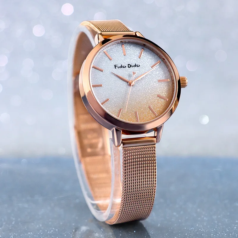 

Fido Dido Women Quartz Watch Japan Miyota Starry Gradient Dial 50M Waterproof Rose Gold Mesh Ladies Wrist Watch