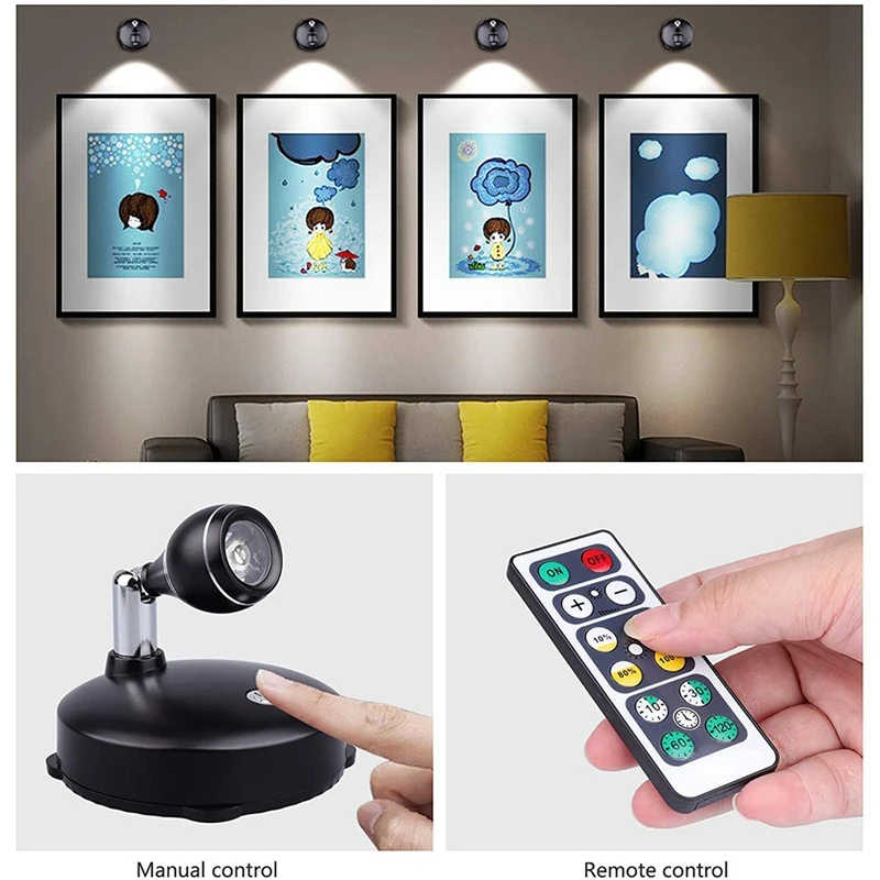 Foco inalámbrico para interiores, luces decorativas con pilas, luces artísticas para pinturas, luz de pared LED con control remoto (paquete de 2)