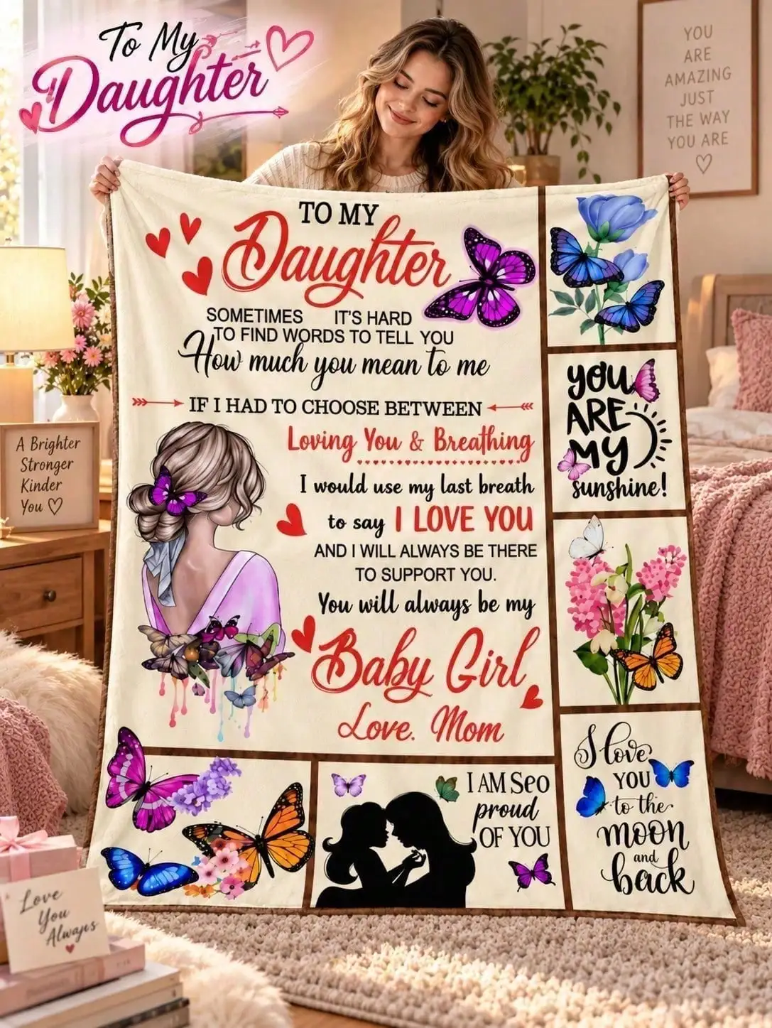 Daughter Butterfly Family Moments Message Flannel Blankets Sofa Throw Bed Home Decor Bedroom Living Room Halloween Thanksgiving Christmas Anniversary Birthday Housewarming Guestroom Lounge Apartment Reading Nook Seasonal Accent Gift for Friends