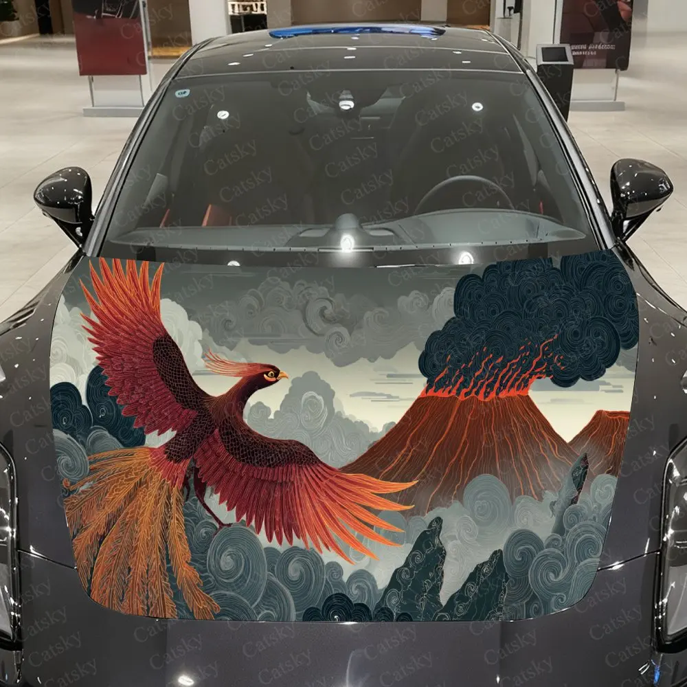 Phoenix Volcano Car Cover Decal, Auto Hood Sticker, Waterproof and Self-adhesive Auto Vinyl Wraps, Cool Car Exterior Decoration,