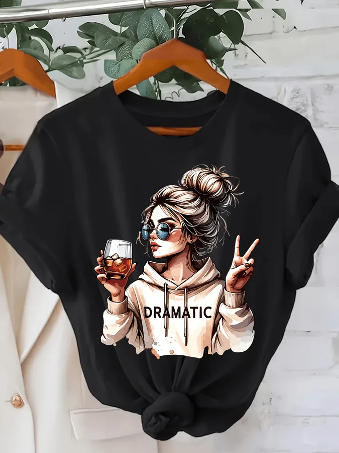 DRAMATIC 1pc Women' S Fashion Print Round Neck Short Sleeve T Shirt Casual and Comfortable for Daily Wear Trendy Print Combine