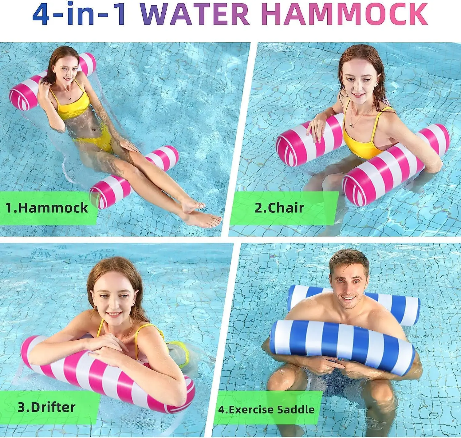 5 Pack Upgrated XL Water Pool Floats, 4-in-1 (Hammock, Saddle, Lounge Chair, Drifter) Multi-Purpose Water Pool Float, Non-Stick