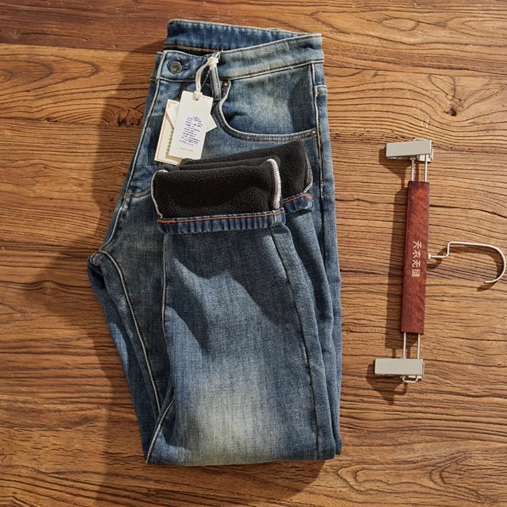 

Winter fleece micro-elastic jeans men loose straight cone pants new high-end men's pants thick casual pants tide