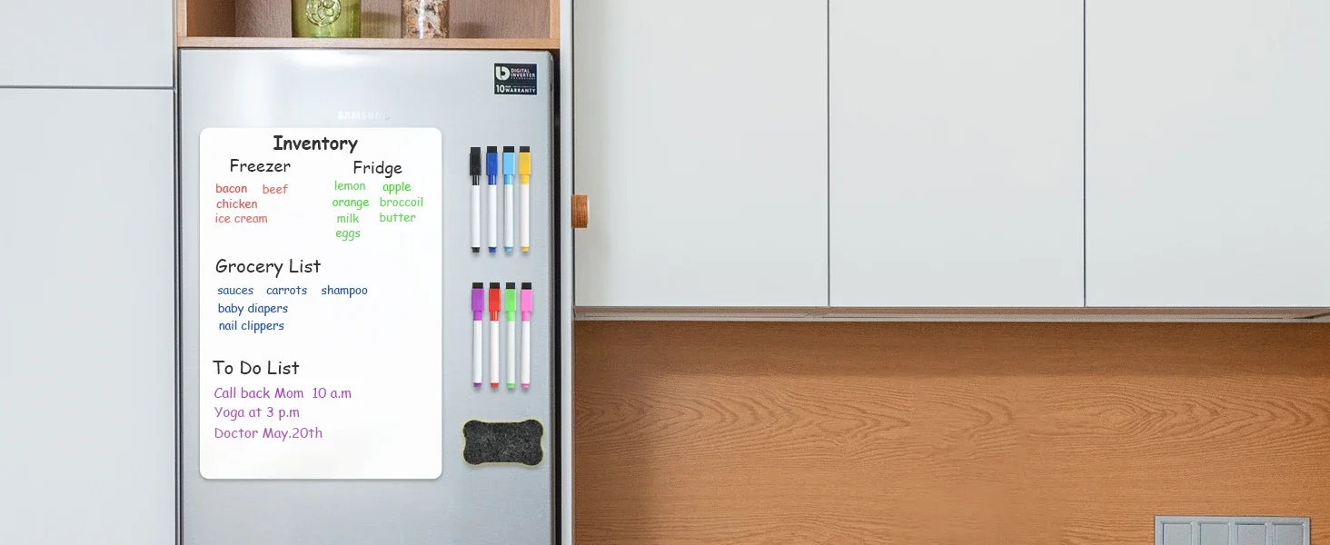 Magnetisches Whiteboard im A2-Format, trocken abwischbare Whiteboard für Kühlschrank, (23,6" x 16,5"), mit 8 trocken abwischbaren Markern und 1 Radiergummi – Detail 11