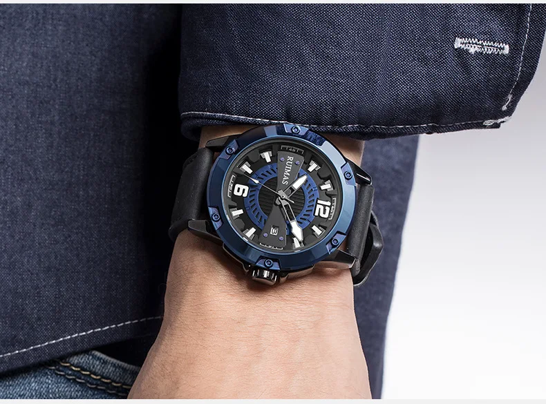 RUIMAS 남성용 302 쿼츠 시계, 스포츠 패션, 레저, 멋진 야광 육군 블랙 가죽 스트랩, 남성용 손목 시계