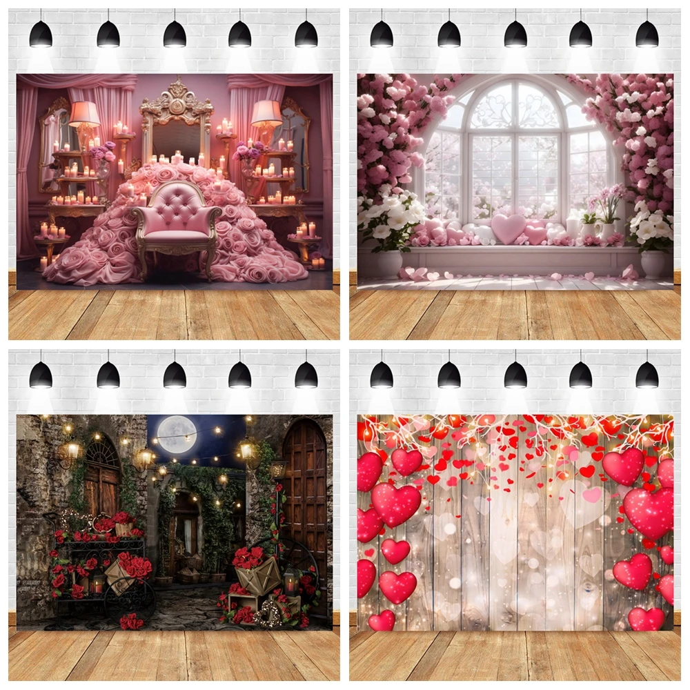 

Valentine's Day Photography Backdrop Rustic Wood Wall Flower Store Red Love Heart Wedding Bridal Shower Party Photo Background