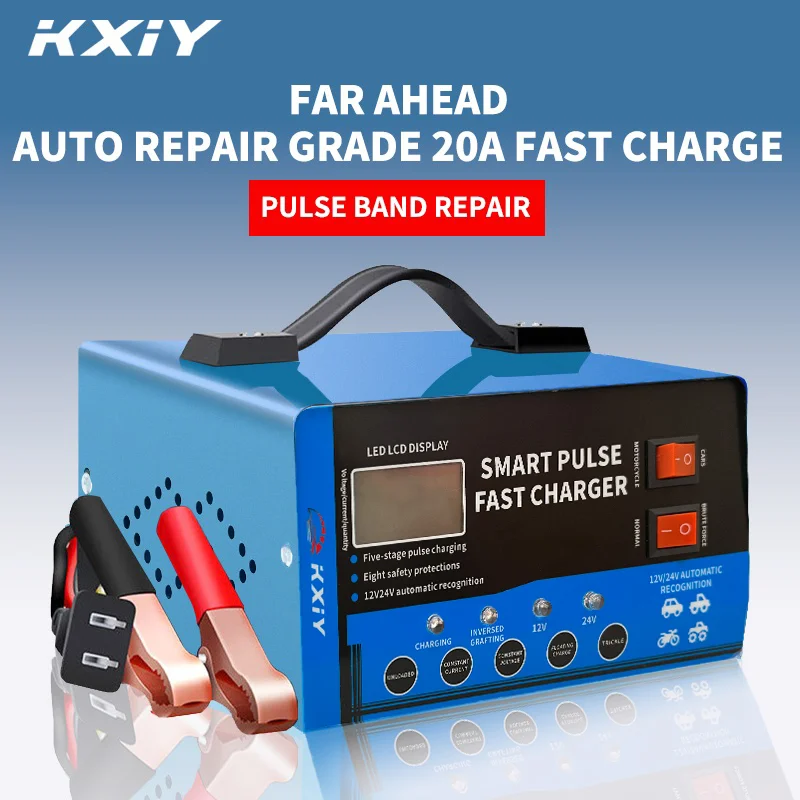 

For 12V/24V Car Battery Charger, 20A/600A Smart Pulse Repair with LCD, Automatic Maintainer for AGM Gel Lead Acid
