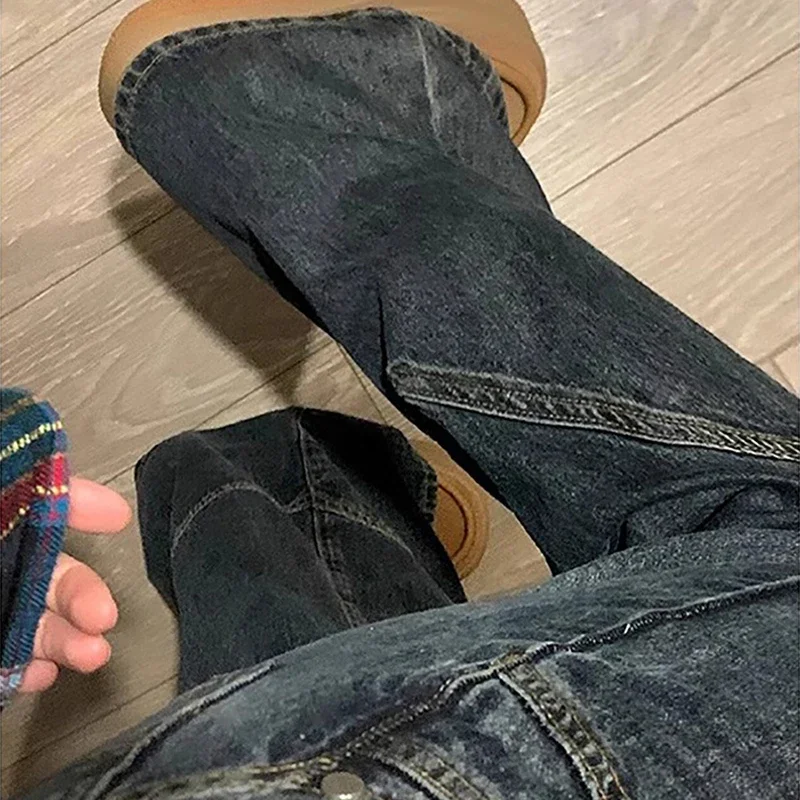 Women Baggy Jeans Y2K Aesthetic Spicy Girl Dark Series New Vintage Washed Splicing Loose High Waist Slimming Flare Pants