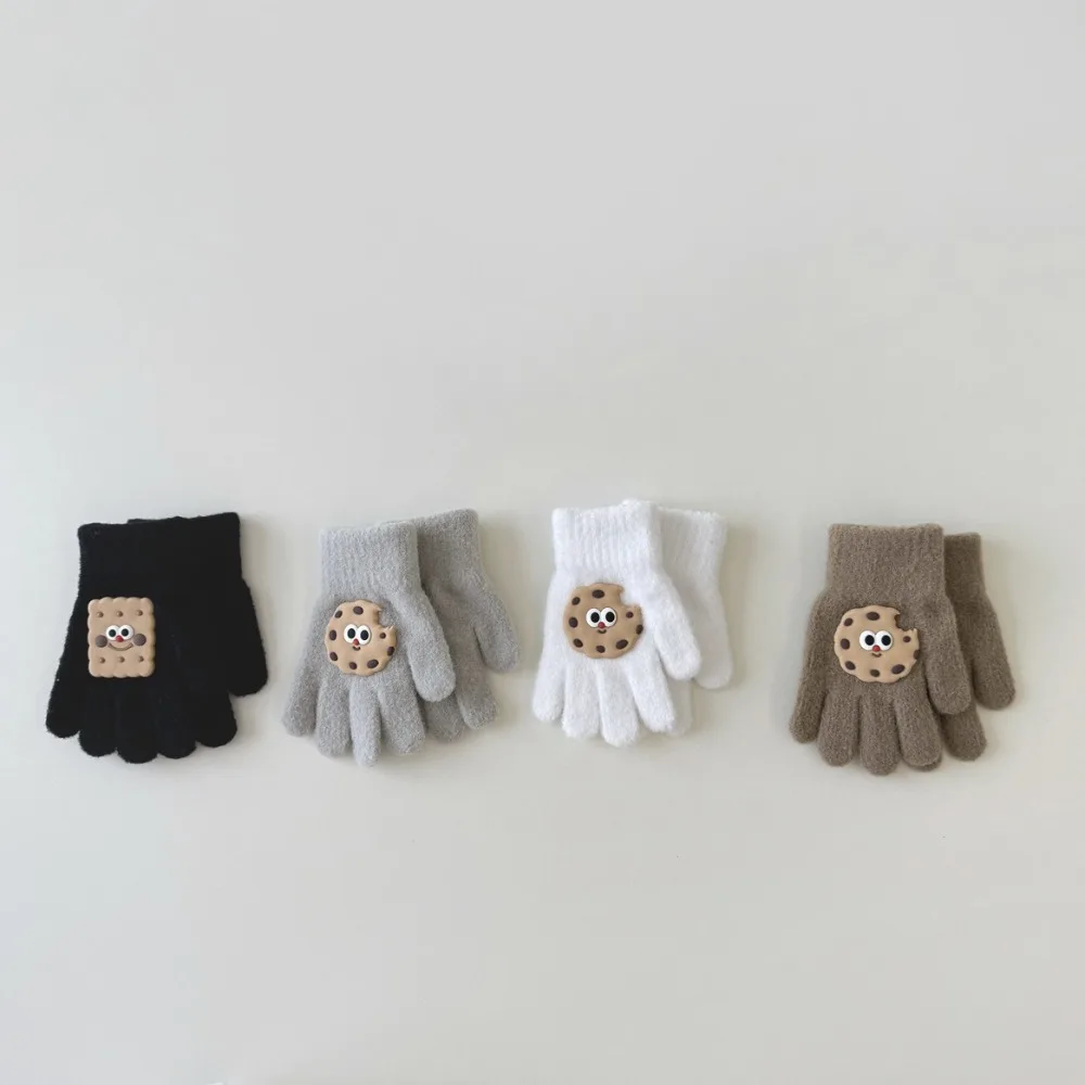 Winter Warm Boys KnittedGloves Cookie Pattern Cartoon Biscuit Gloves Solid Color Coldproof Five Finger Gloves Children Toddler