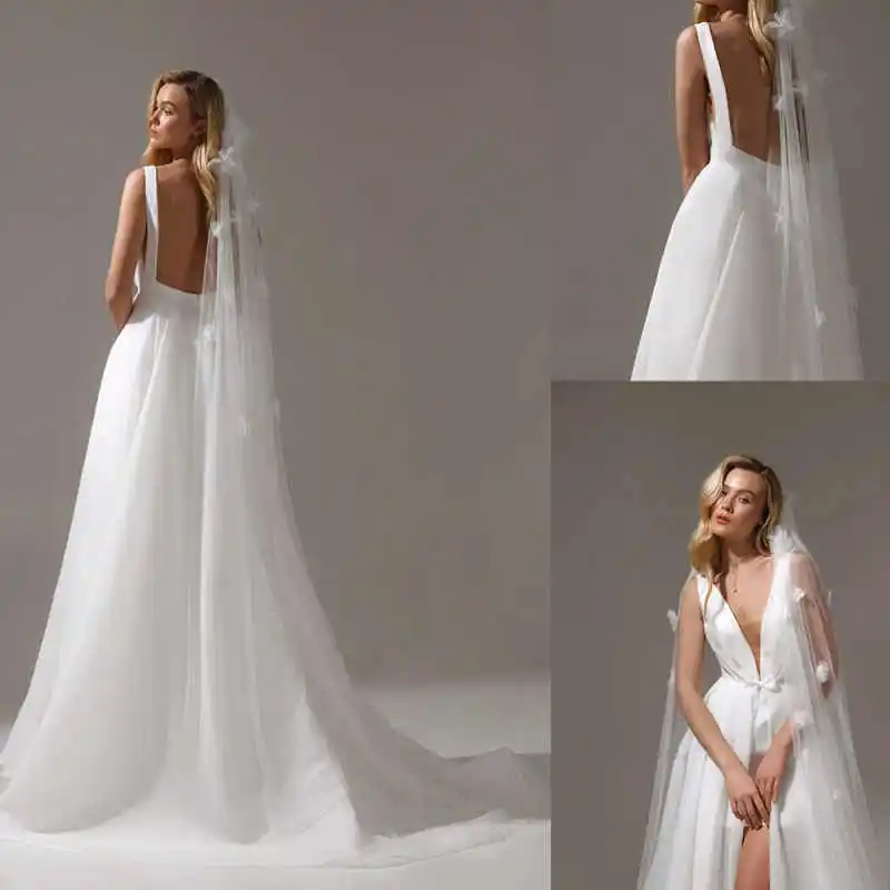

Simple A Line Wedding Dresses V-Neck Side Slit Backless Sleeveless Evening Party Gowns Vestido De Noiva Court Train Customized
