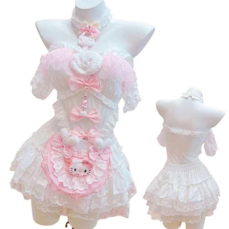 

Cute HelloKitty Crop Lace Trim Sweet Off Shoulder Versatile One Piece Sling Lolita Style Aesthetic Anti Glare Short Skirt