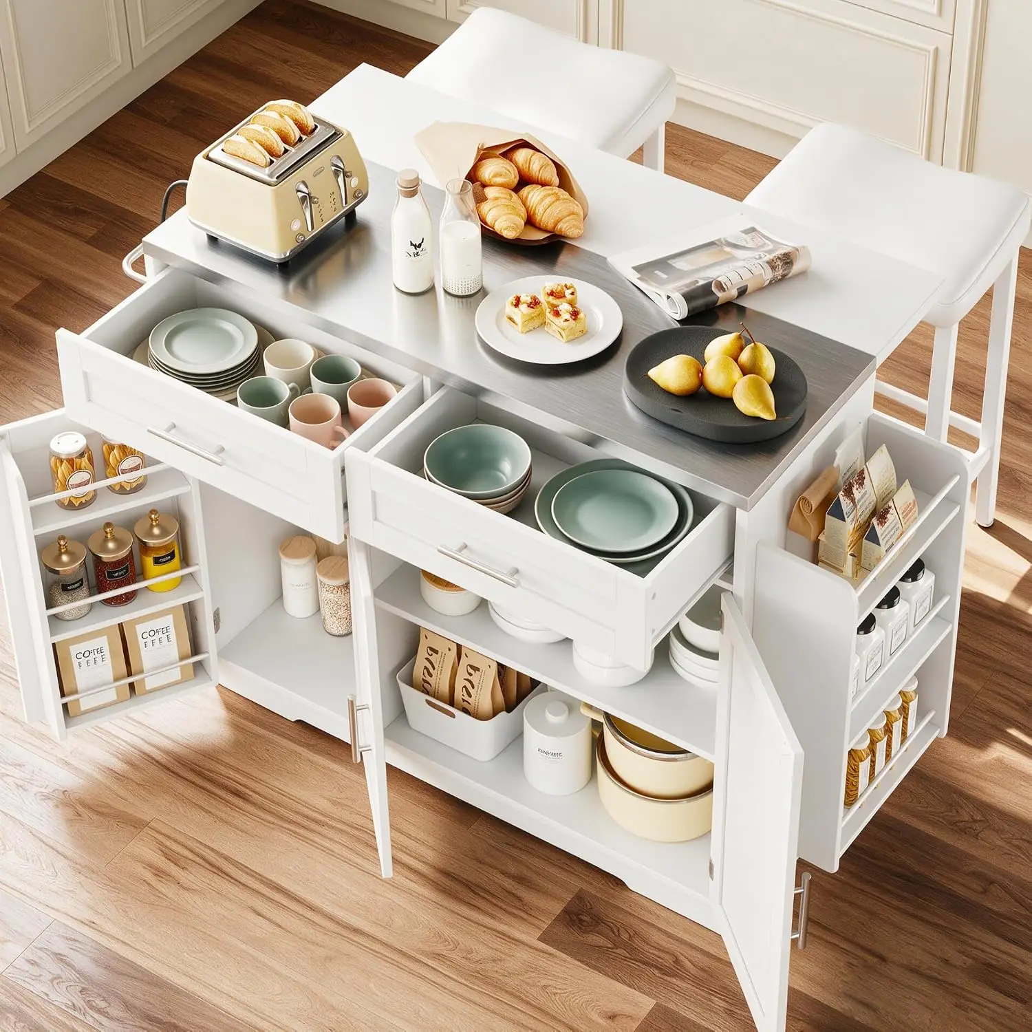 56'' Kitchen Island with Seating & Steel Countertop, Rolling Cart with Folding Leaf, Outlet, Spice Rack, White, Customized