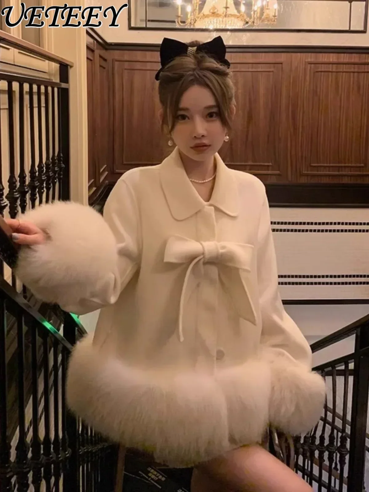

Double-sided Woolen Cashmere Coat Women's Autumn and Winter New Sweet Bow Lapel Long Sleeve Faux Fox Fur Splicing Jacket