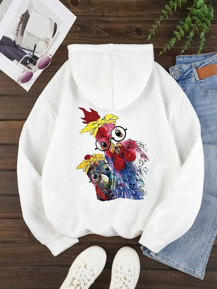 Cute Chicken Print Sweatshirt Female Fashion Fleece Hooded Autumn Loose Comfortable Hoodie Casual Warm Oversize Clothes Women