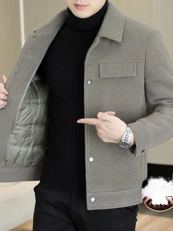 

Men's Sli Casual Woolen Coat Winter Warm Du down Jaet Outerwear 70 White Du down Collar Stand up Faion Ci