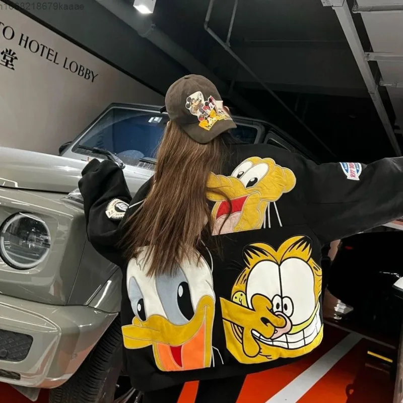 Disney mickey pato donald bordado estilo americano retro jaqueta de algodão homem mulher tendência versátil casaco personalidade casal jaqueta