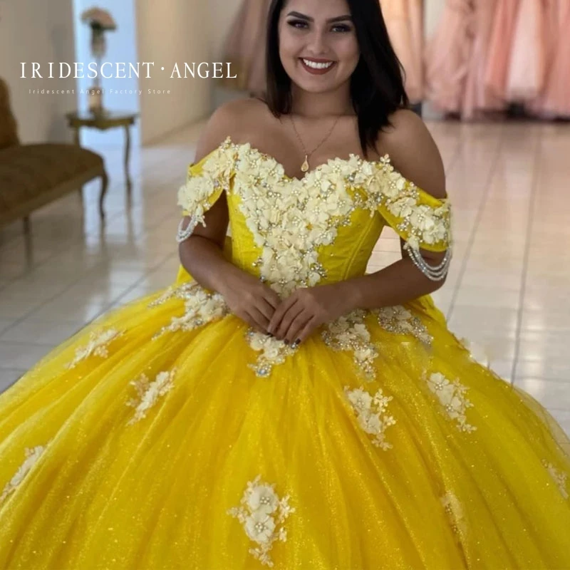 Abito da ballo giallo iridescente 15 anni abiti da Quinceanera scintillanti Appliques perline fiocco Lace Up Back Girls Birthday Party HOT