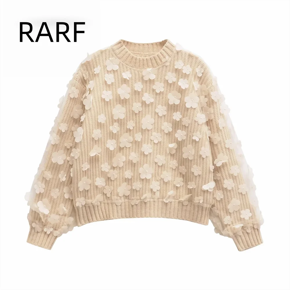 2024 Autumn/Winter New Product Style Women's Flower Decoration Splicing Long Sleeve Round Neck Knitted Shirt