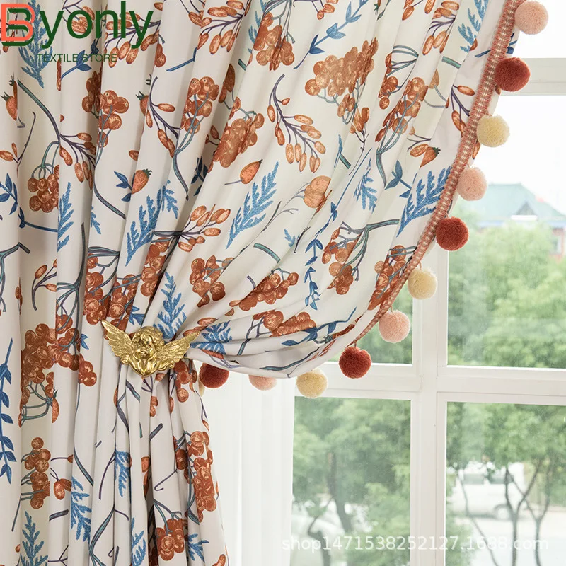 

New Pastoral Grape Printing Pompon Lace Thickened Curtains for Living Room Bedroom Window French Window Customized Finished