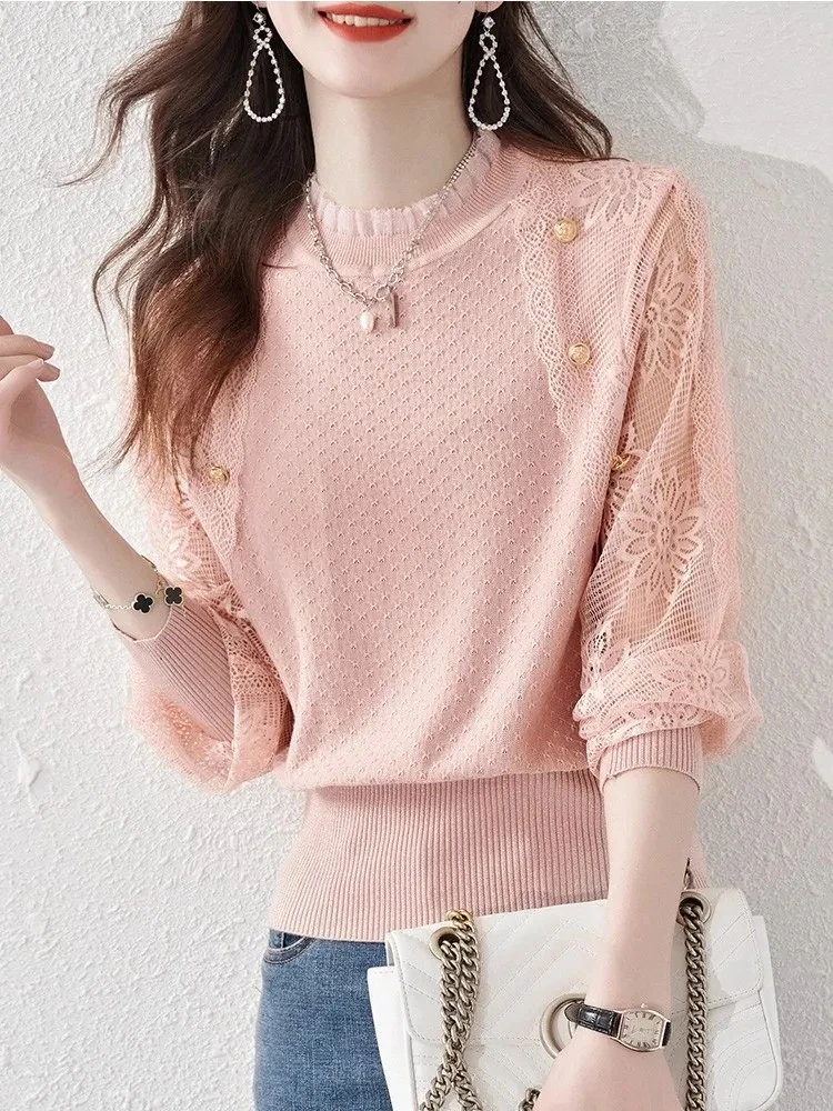 Sweet Floral Lace Spliced Blouse Fashion Hollow Out Female Clothing Solid Color O-Neck Spring Autumn Long Sleeve Knitted Shirt