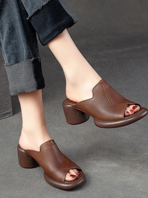 Comfortable Real Leather Thick Heel Sandals Women's Summer Outdoor Fashion Breathable Soft Bottom High Heel Versatile Slip-On...