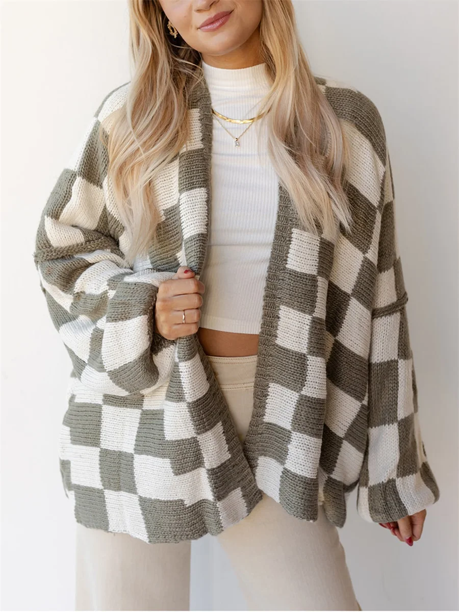 Women s Fall Knit Cardigan Plaid Print Long Lantern Sleeve Open Front Loose Sweater Jacket