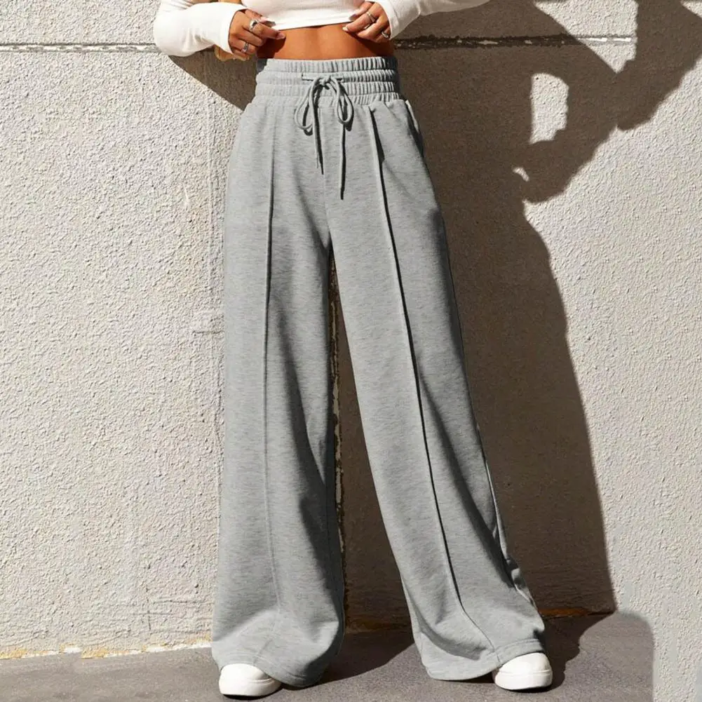 Women Sport Pants Elastic High Waist Adjustable Drawstring Solid Color Loose Fit Long Trousers Outdoor Straight Leisure Pants