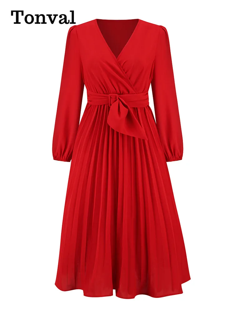 Tonval V-Neck Elegant Tea Dress 2024 Autumn Clothes for Women Bishop Sleeve Elastic Waist Pleated Solid Plain Long Dresses