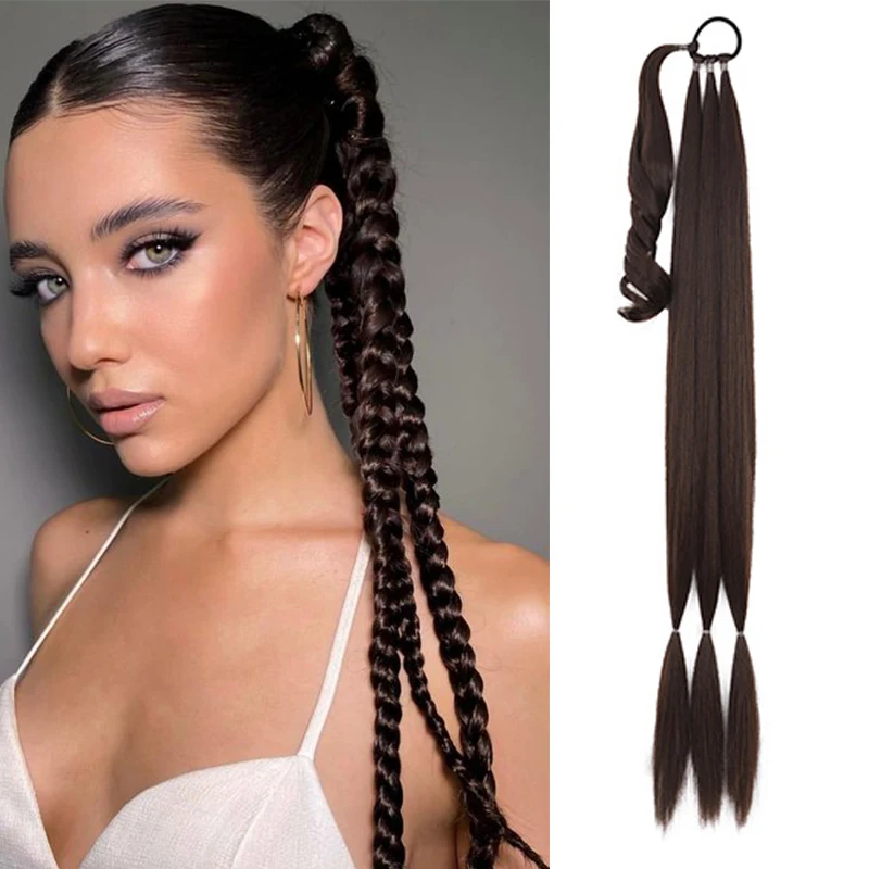 O encaixotamento longo trançou o rabo de cavalo do cabelo para mulheres, sintético, tranças de DIY, cauda falsa, extensões do cabelo, hairpiece, marrom, 30"