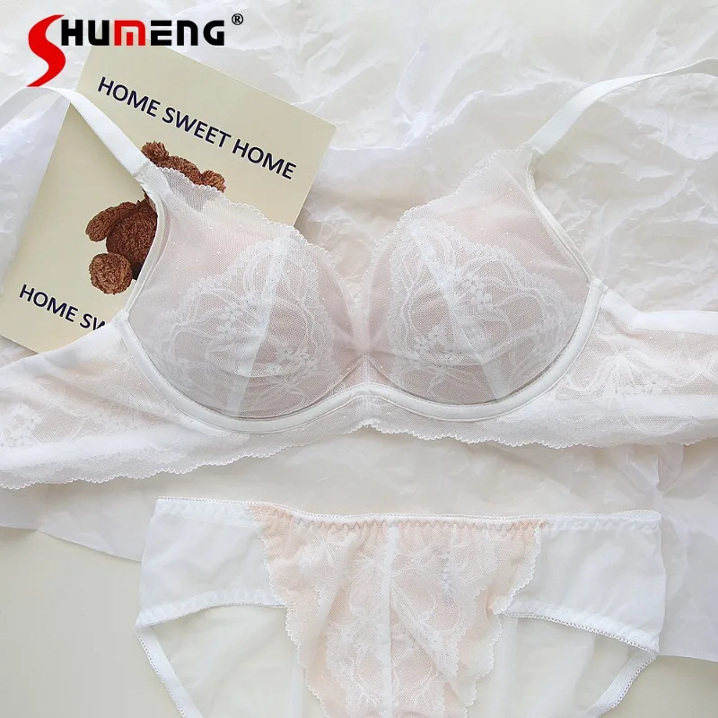 

Retro Lace Girl Underwear Outfits Women's Wireless Small Chest Push Up Brief Sets Female Japanese Thin Cup Sexy Bra Suit