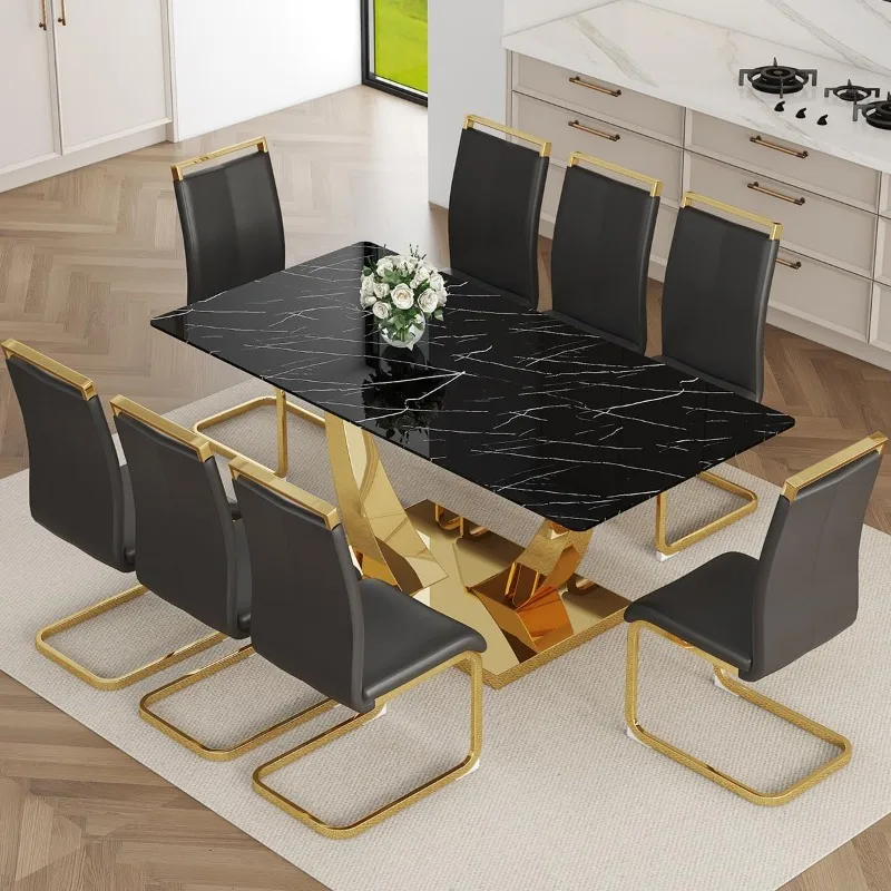 71” Dining Room Table Set for 8,Gold Dining Table Set for 8, Black Rectangle Kitchen Table Set with Leather Chairs, Faux