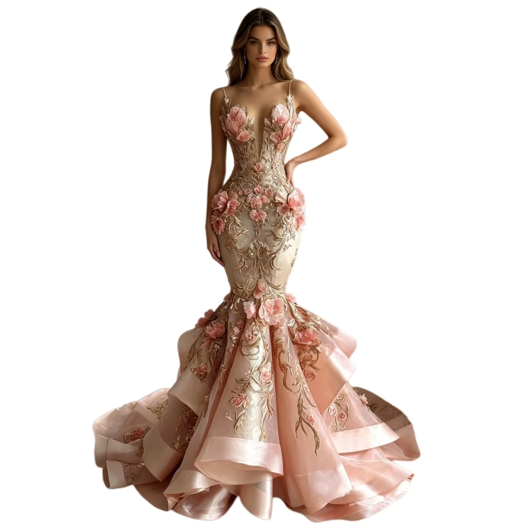 Blush Pink Mermaid Prom Dress Spaghetti Straps 3D Floral Appliques Reception Dress Tiered Ruffles Formal Evening Gown Customized