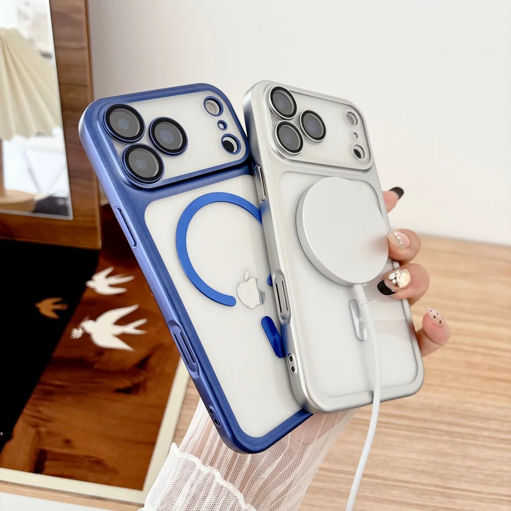 Chapeamento com botão de controle da câmera magnético magsafe caso para iphone 17 pro max macio tpu fosco translúcido capa 17promax