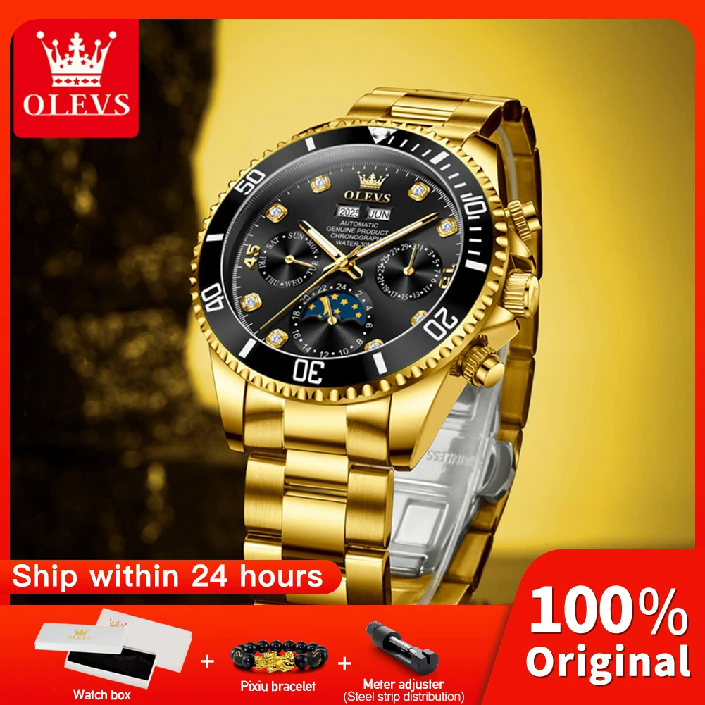 OLEVS 6729 Мужские часы, полностью автоматические механические часы, водонепроницаемые часы из нержавеющей стали с фазой Луны для мужчин, оригинальные мужские подарки